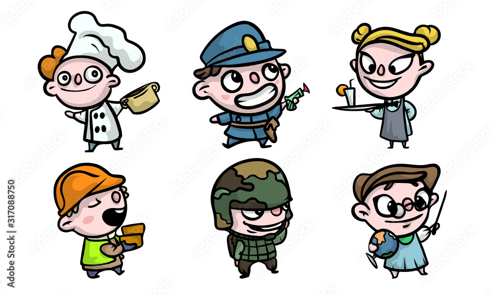 Obraz premium Boys and girls in costumes playing different jobs vector illustration