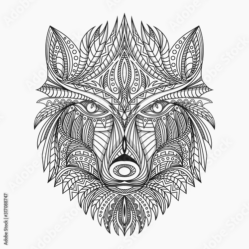 Fototapeta line art wolf in ethnic vector illustration
