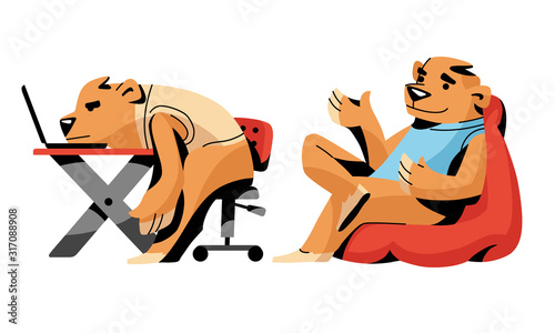Brown bears in everyday business office life vector illustration