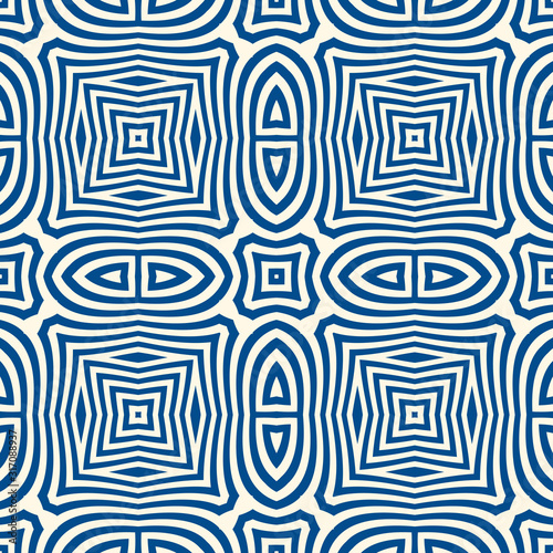 Seamless pattern with symmetric geometric ornament. Navy color abstract background.