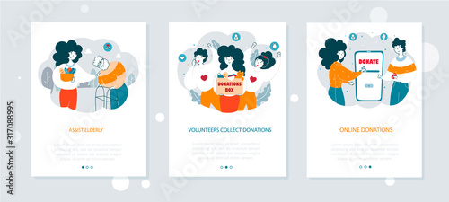 Non profit organization onboarding mobile app screen vector templates set