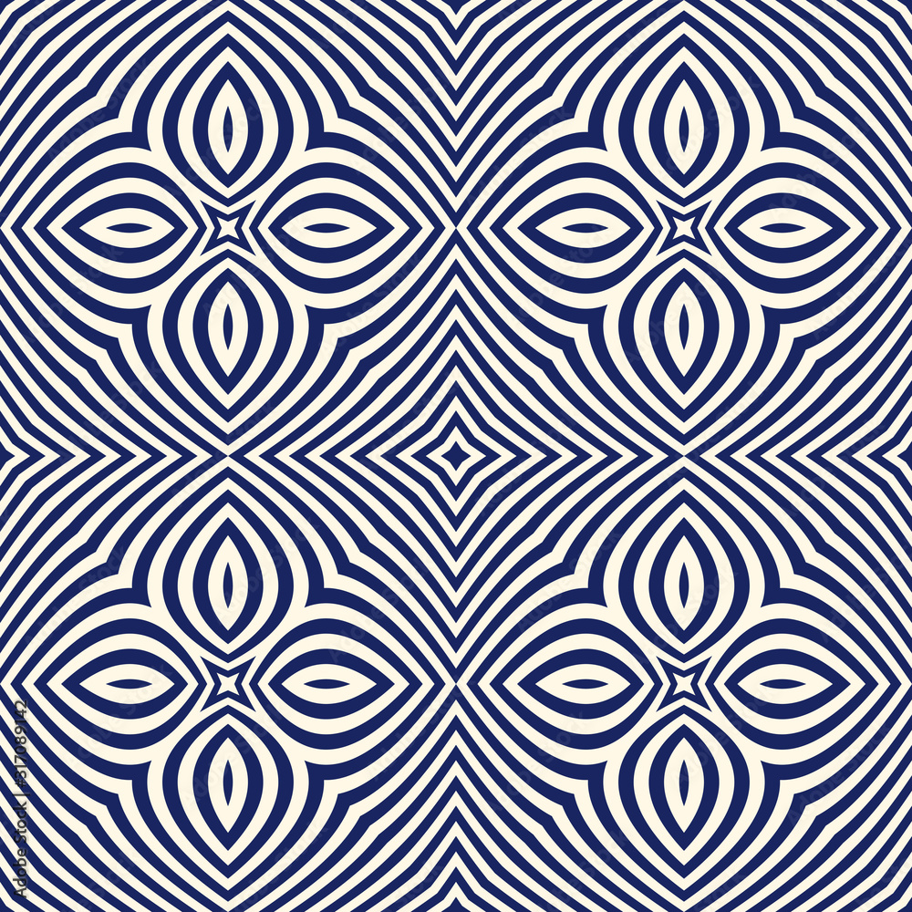 Seamless pattern with symmetric geometric ornament. Navy color abstract background.
