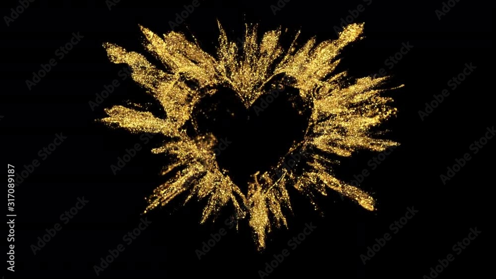 Golden shining glitter burst explosion forming a heart shaped hole. St. Valentines Day love animation. Vivid bokeh sparkles, glowing particles. Romantic lovely logo copy space. Alpha copyspace 4k