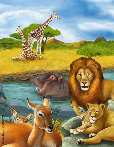 cartoon scene with antelope and hippopotamus hippo near river and lion