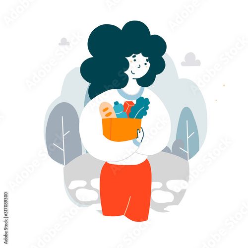 Woman holding paper bag with food products flat vector illustration