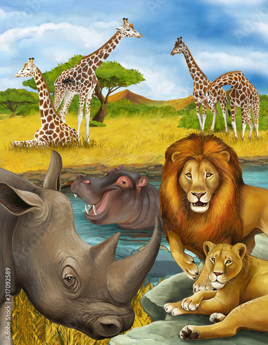 cartoon scene with rhinoceros rhino and hippopotamus hippo near river and lion