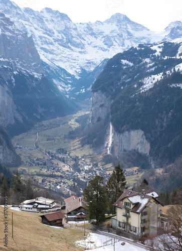 View of the Lauterbrunnen Valley  from above the village of Wengen in the Swiss Alps  photographed on a cold crisp day in January 2020.