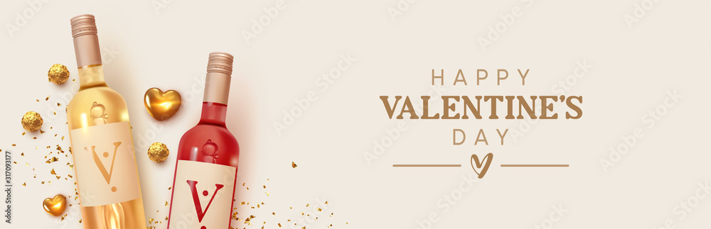 Happy Valentines Day. Design with realistic two bottles of alcohol wine red and white varieties, chocolate candies in gold foil, golden 3d hearts and glitter confetti. Romantic background - obrazy, fototapety, plakaty 