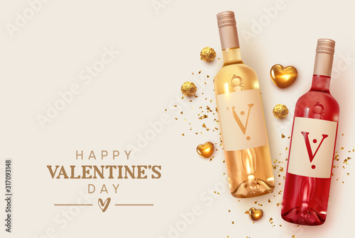Happy Valentines Day. Design with realistic two bottles of alcohol wine red and white varieties, chocolate candies in gold foil, golden 3d hearts and glitter confetti. Romantic background