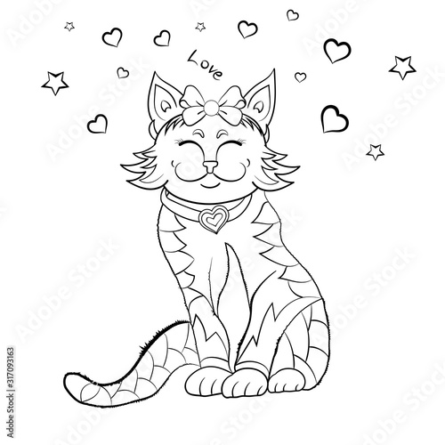 Happy cute kitten coloring book. Beautiful cat coloring book black and white drawing illustration.