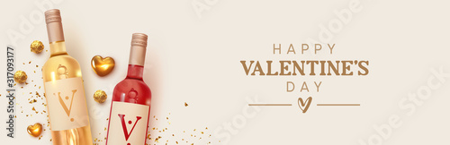 Happy Valentines Day. Design with realistic two bottles of alcohol wine red and white varieties, chocolate candies in gold foil, golden 3d hearts and glitter confetti. Romantic background