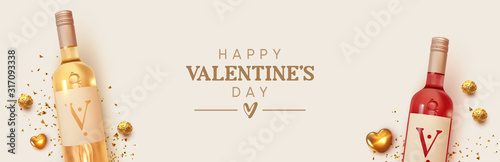Happy Valentines Day. Design with realistic two bottles of alcohol wine red and white varieties, chocolate candies in gold foil, golden 3d hearts and glitter confetti. Romantic background