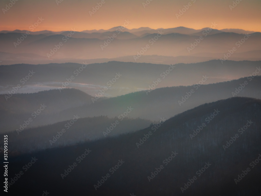 Sunrise at the mountains. Polish Bieszczady Mountains