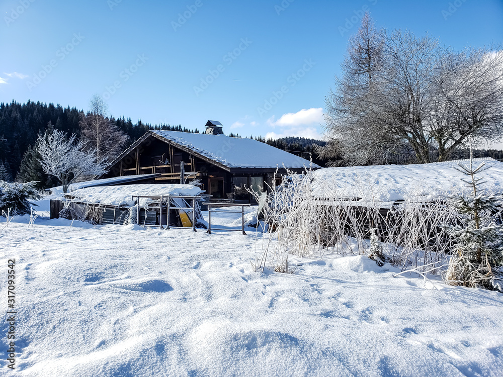Naklejka premium Snowy cabin in the mountains