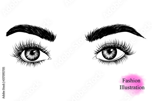 Hand-drawn black and white image of a woman's eyes with long eyelashes looking to the side, eyebrows. Fashion Illustration Vector EPS 10.
