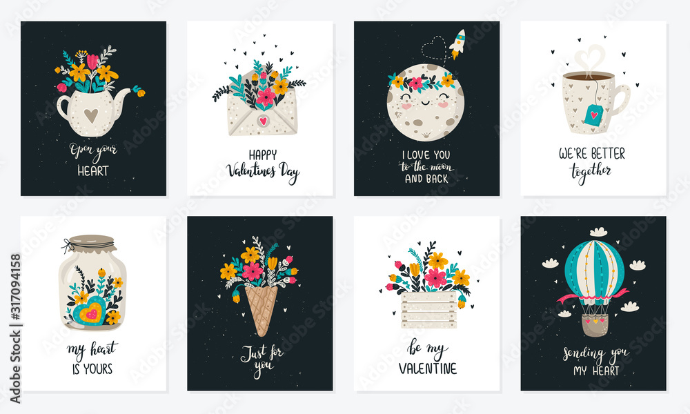 Vector hand drawing set. Poster collection with cute doodle illustrations and lovely slogan. Valentine's day