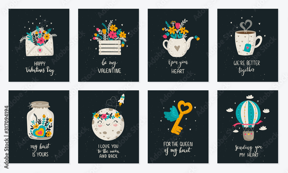 Fototapeta premium Vector hand drawing set. Poster collection with cute doodle illustrations and lovely slogan. Valentine's day
