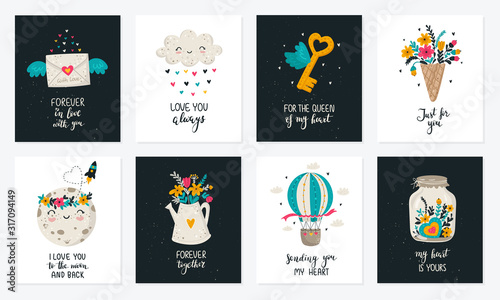 Vector hand drawing set. Poster collection with cute doodle illustrations and lovely slogan. Valentine's day © Alexandra