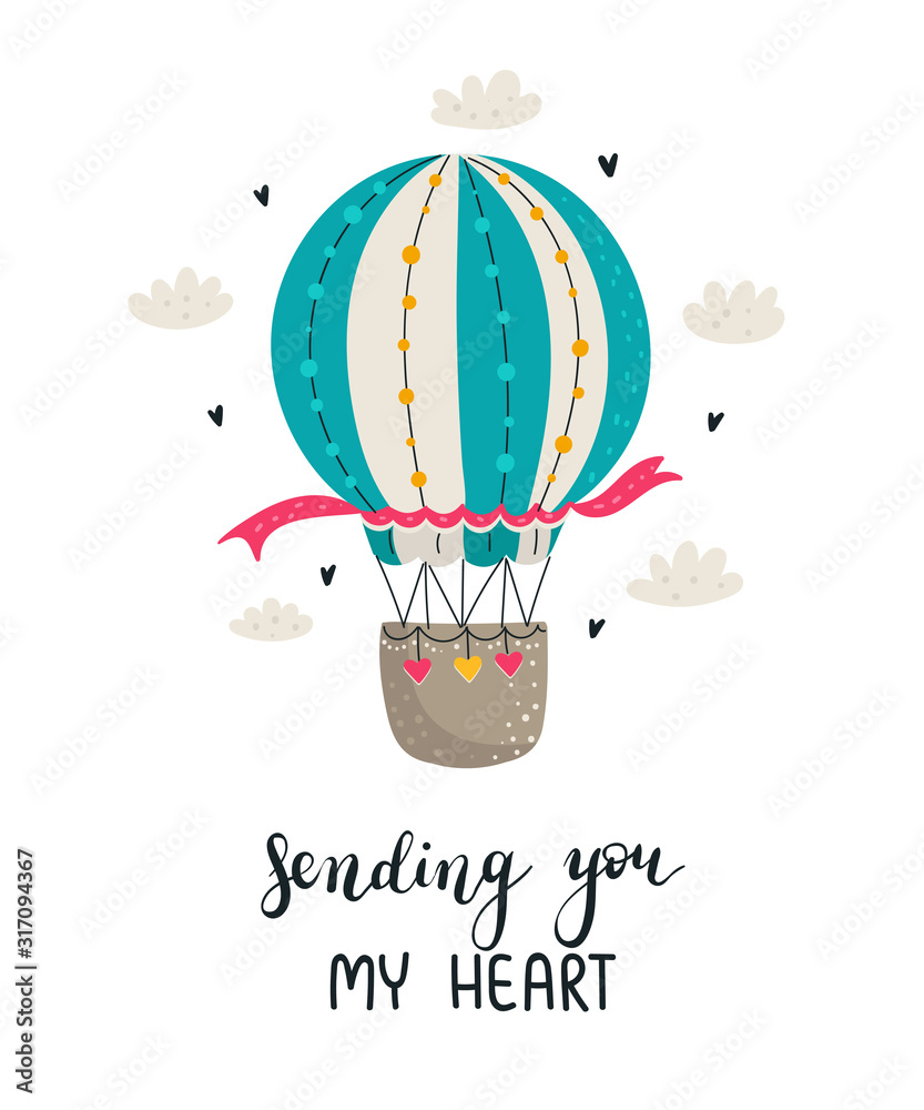 Vettoriale Stock Vector hand drawing poster with cute air balloon ...