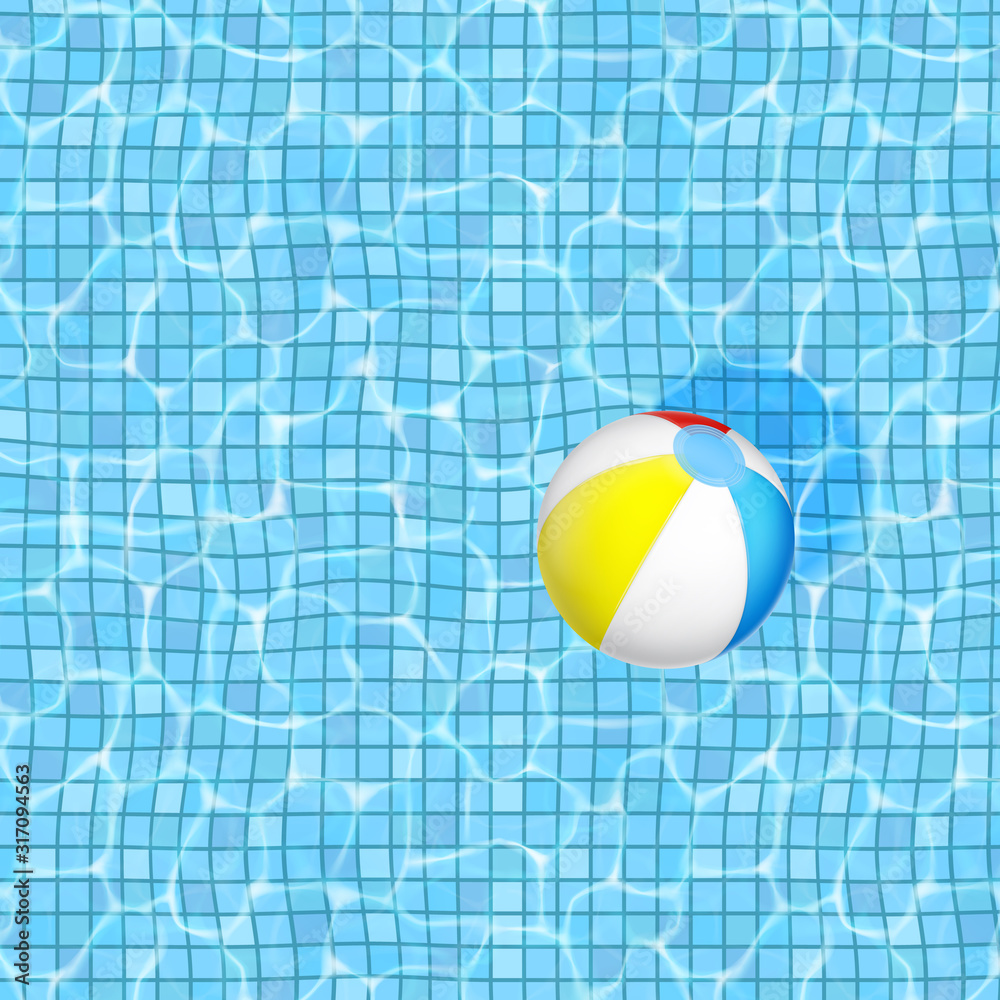  Vector summer square background. The surface of the water in a swimming pool with a floating inflatable ball. EPS 10