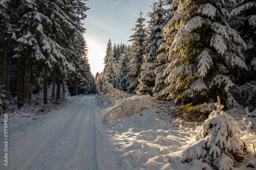 Beautiful winter landscape in the Ore Mountains on the Czech German border on the mountain Keilberg-Klínovec