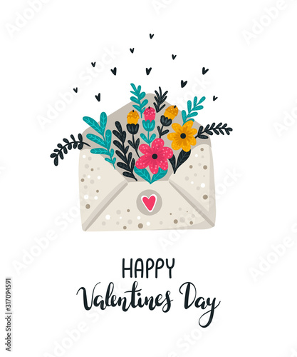 Vector hand drawing poster with cute envelop and flowers and lovely slogan. Doodle illustration. Valentine's day