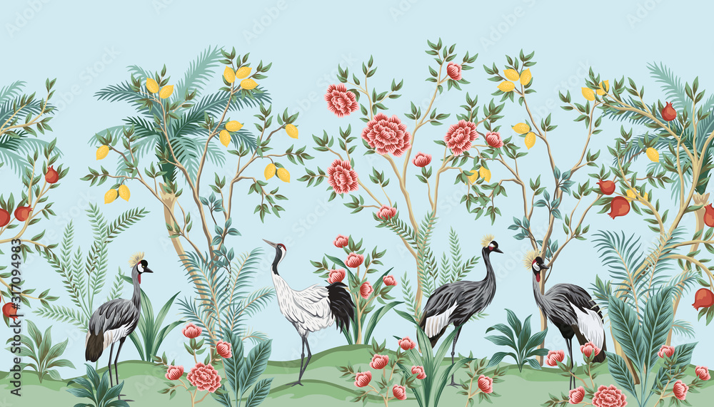 Vintage chinoiserie floral palm tree, fruit tree, plant, crane bird, red  roses seamless border blue background. Exotic oriental wallpaper. Stock  Vector | Adobe Stock