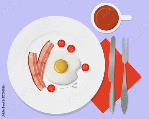 A Healthy morning breakfast. Omelette. Appetizing fried eggs with fried bacon, cherry tomatoes and herbs. Fragrant tea. White dishes and silver cutlery, a knife with a fork. Vector. View from above.