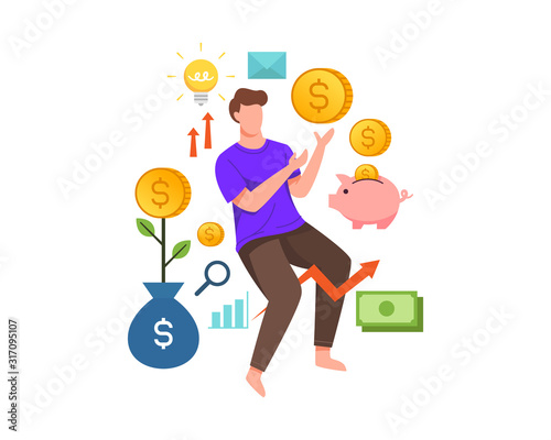 Young man receive coins from the investment business