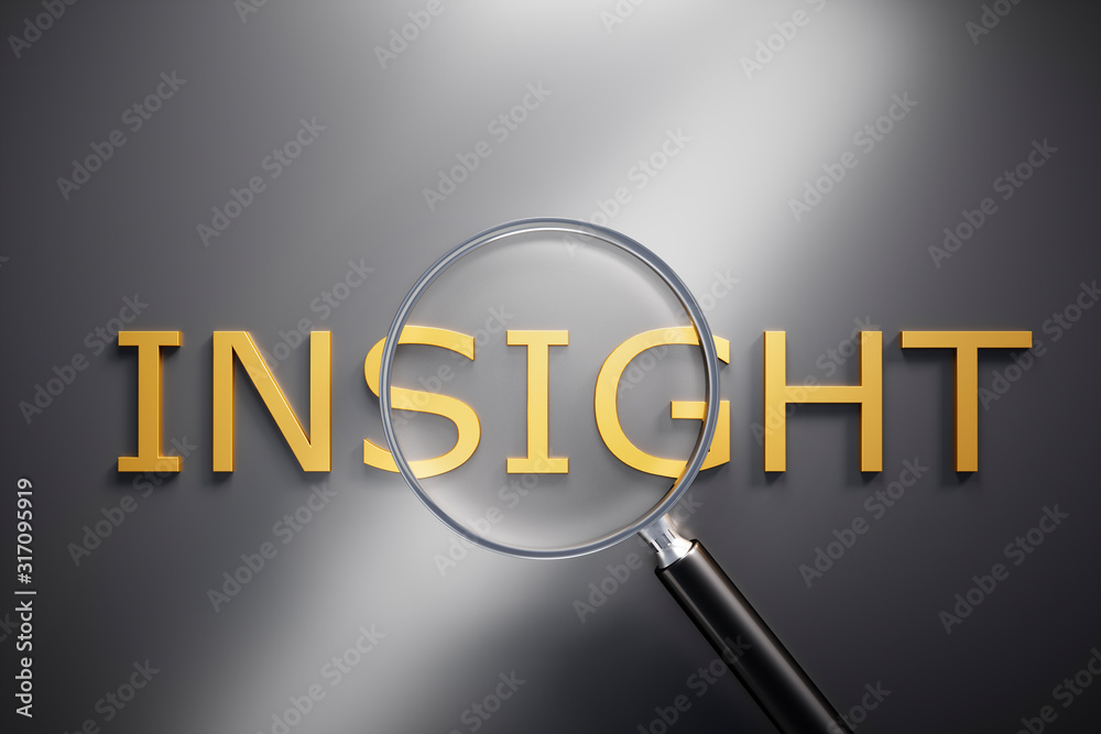 Magnifying Glass on golden Text Insight with grey Background - 3D illustration