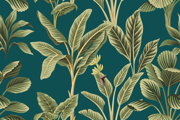 Gardinen Mustersammlungen Tropische Vintage botanische Palmen, Bananenstaude und Pflanzen floral nahtlose Muster grünen Hintergrund. Exotische Dschungeltapete.  © good_mood