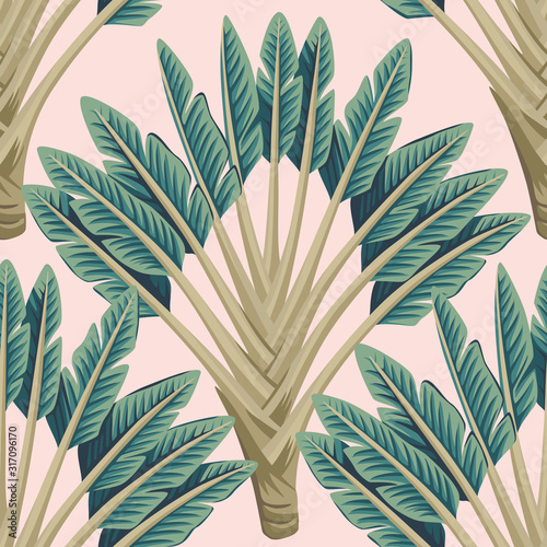 Tropical vintage green banana trees floral seamless pattern pink background. Exotic botanical jungle wallpaper.