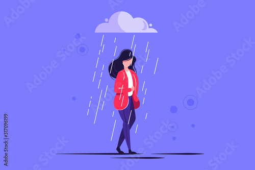 Sad female character standing under the rain