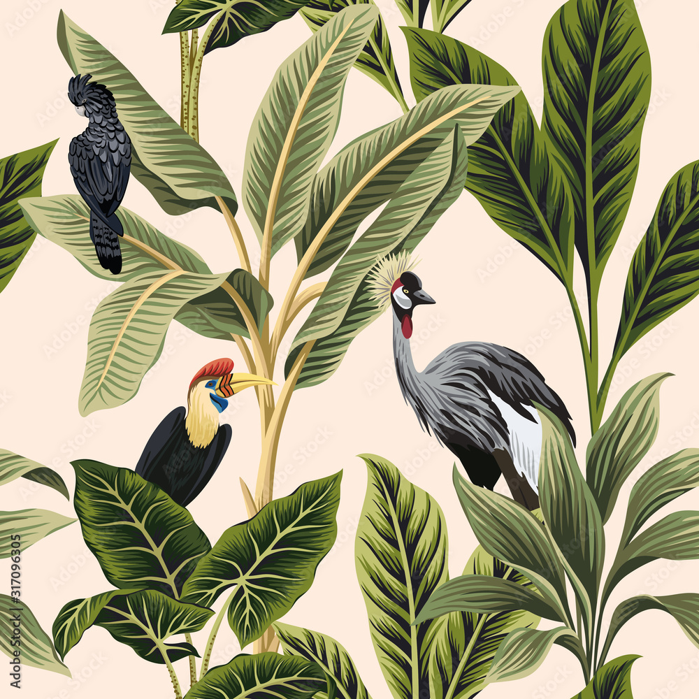 Tropical vintage botanical bird crane, parrot, palm tree, plant, banana  tree floral seamless pattern pink background. Exotic jungle wallpaper.  Stock Vector | Adobe Stock