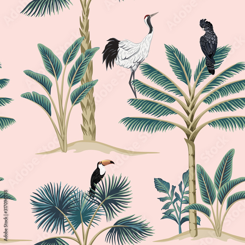 Tropical vintage botanical animal crane, parrot, toucan floral palm tree seamless pattern pink background. Exotic jungle wallpaper. © good_mood
