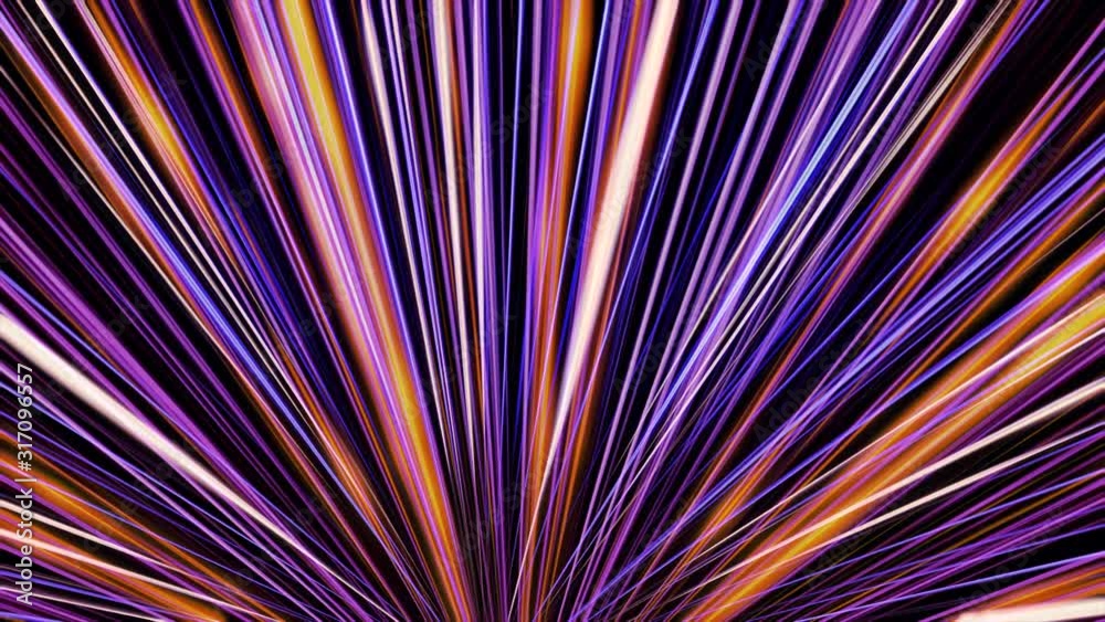 Many rays coming from the one point spreading and shining all over the screen, seamless loop. Animation. Neon colorful light beams of pink and purple colors.