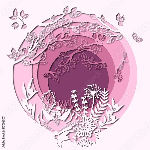 Template fox on glade for to cut with a laser from paper. Background with grass, and dragonfly, wood and flowers. For decoration and design. Template for laser cutting and Plotter. Vector illustration