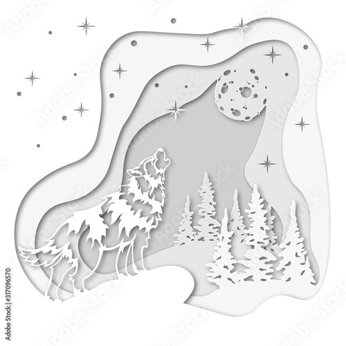 Wolf on the background of the winter forest, howling at the moon in the snow. For decoration and design. Template for laser cutting and Plotter. Vector illustration. Pattern for the laser cut, serigra