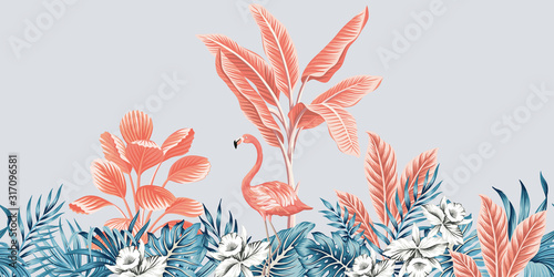 Tropical vintage botanical landscape, pink palm tree, banana tree, blue plant, pink flamingo floral seamless border grey background. Exotic jungle animal wallpaper.