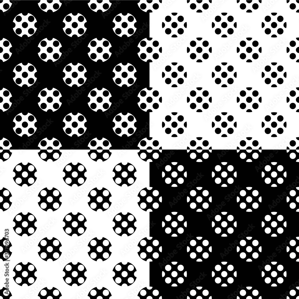 Four different seamless monochrome polka dot in polka dot patterns in black and white, useful for fabric, textile, wrapping paper, wallpaper, …  vector eps 10