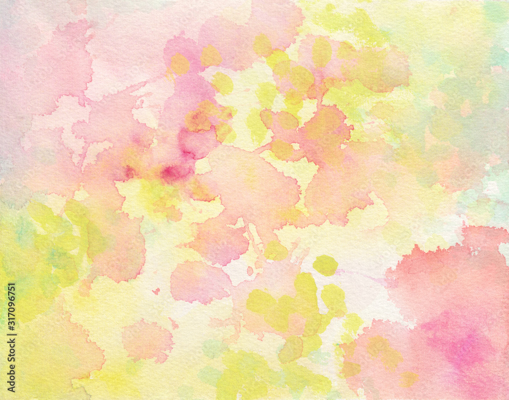 Pink and yellow watercolor paint splash or blotch background with fringe bleed wash and bloom design, blobs of paint and old vintage watercolor paper texture grain