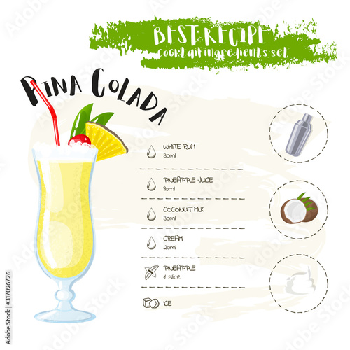 Pina Colada. Image of a cocktail and a set of ingredients for making a drink at the bar. Cartoon style. Vector illustration