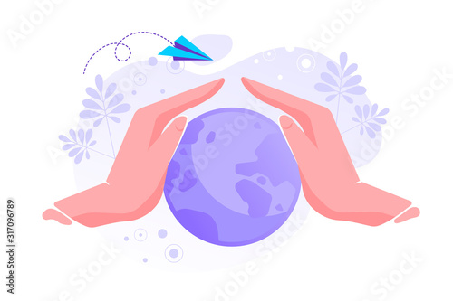 vector illustration, hands close the planet