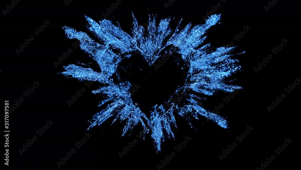 Sapphire blue shining glitter burst explosion forming a heart shaped hole. St. Valentines Day love animation. Vivid bokeh sparkles, glowing particles. Romantic lovely logo copy space. Alpha copyspace