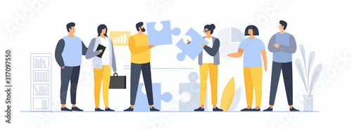 Men and women assemble a common puzzle. The concept of teamwork and team communication. Solving business problems. Meeting with business people. Vector flat illustration.