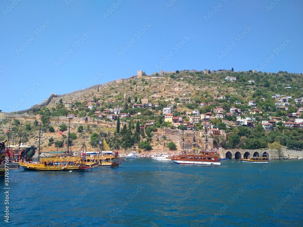 summer, beach, sea, boat, mountains, fortress, ship in Turkey