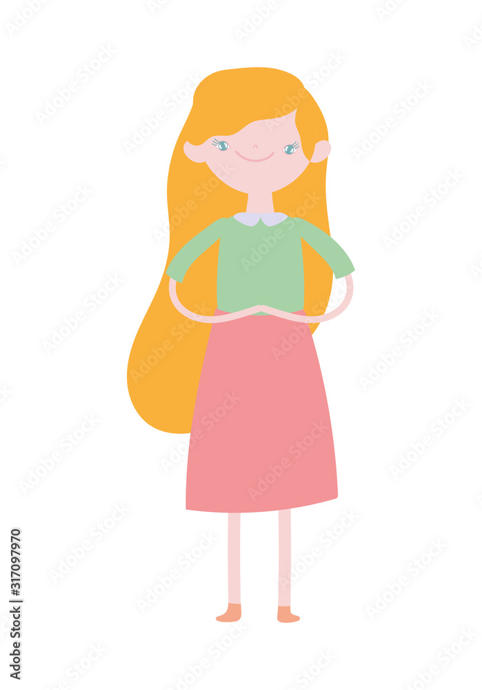 cute young woman standing long hair cartoon design