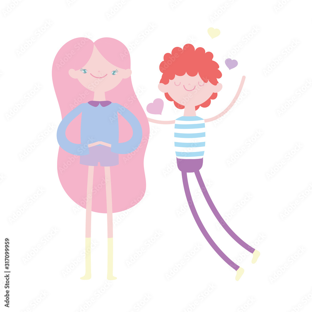 happy valentines day, young man and smiling woman cartoon lovers hearts happy valentines day, young man and smiling woman cartoon lovers hearts