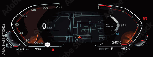 Illustration of fully digital LCD instrument cluster with navigation screen in center. Car dashboard panel with speedometer, tachometer, fuel and temperature gauge, seat belt reminder, gear position.