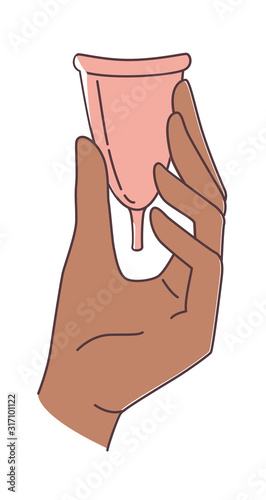 Woman holding and using menstrual cup during period. Doodle icons